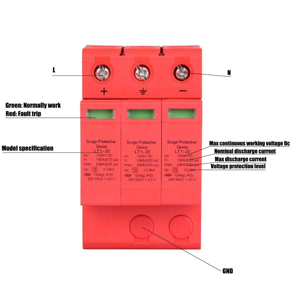 Protector Contra Sobretensiones 3P 3.0KV DC - Para Protección Contra Rayos, 20kA, Con Indicador Visual, Fácil Instalación Modular