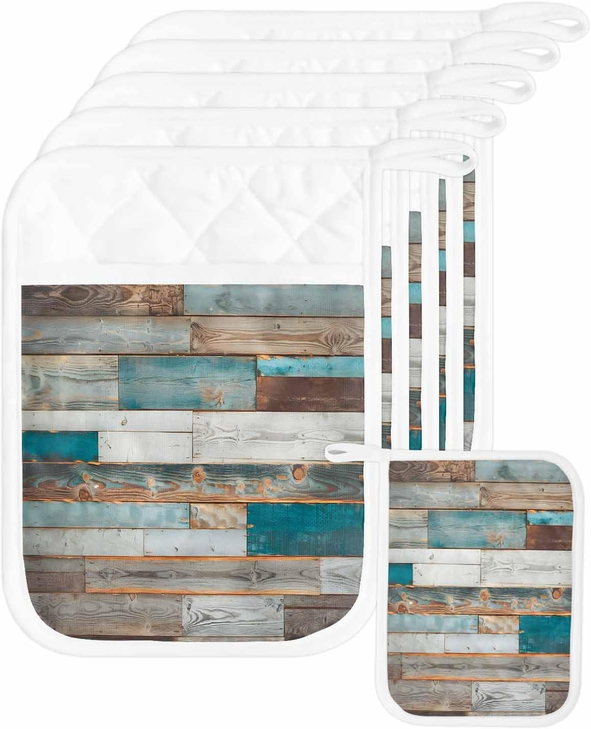 5 Pack Pot Holder with Pocket, Retro Farm Wood Grain Kitchen Potholders Heat Proof Non Slip Pot Holders Sets, Gradient Shabby Wooden Boards Hot Pads Potholder for Cooking Baking BBQ