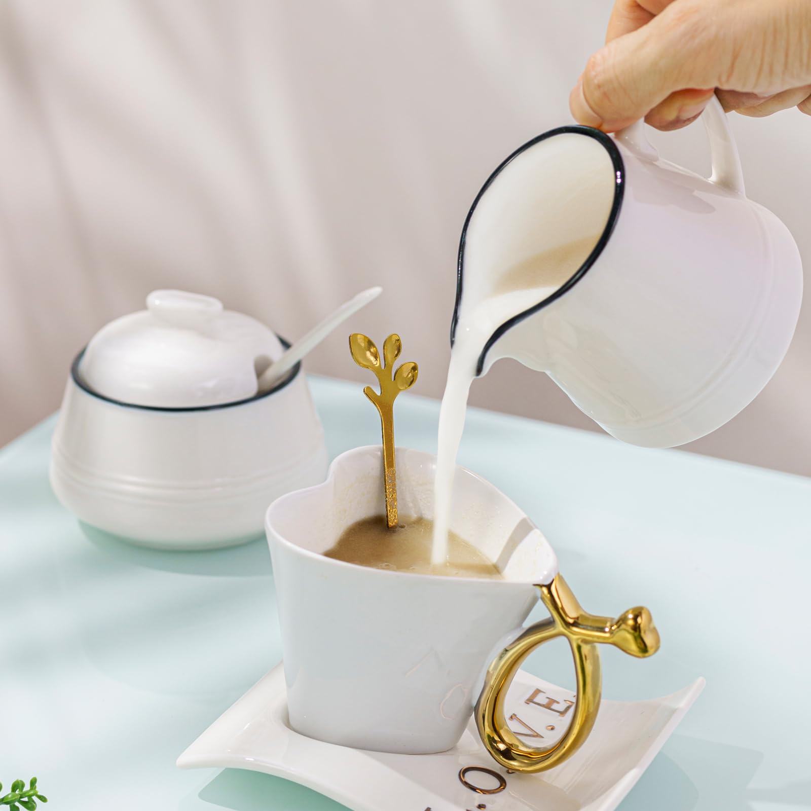 Juego de café 3 en 1 de porcelana para leche y azúcar, de cerámica de diseño elegante, para uso diario, incluye jarra de nata y azucarero, apto para microondas y lavavajillas