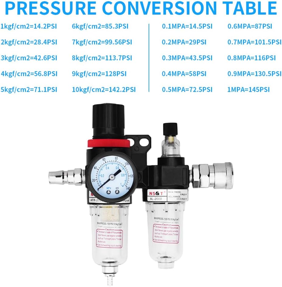 AFC2000 Pneumatic 1/4 G Inch Air Filter Pressure Regulator Kit（0-145 Psi）Air Tool Compressor Filter with Gauge and Lubricator Cup