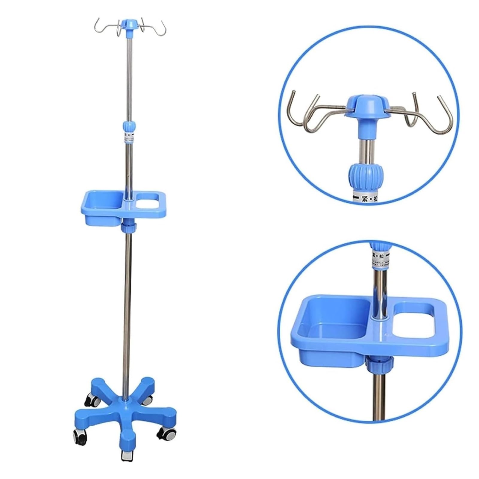 Portasueros médico con ruedas de acero inoxidable Soporte para suero | Altura ajustable for hospital, práctica de infusión en el hogar, 4 ganchos