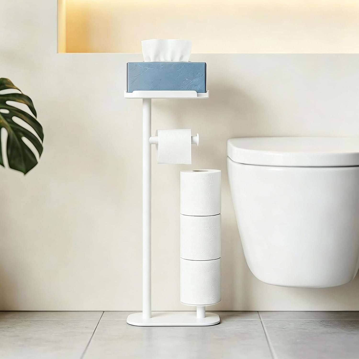 Freestanding Toilet Paper Holder White Tray Toilet Paper Stand | Tray holds phones & wipes, dual rod holds tissue rolls. white rustproof drill-free stand for minimal modern bath space.