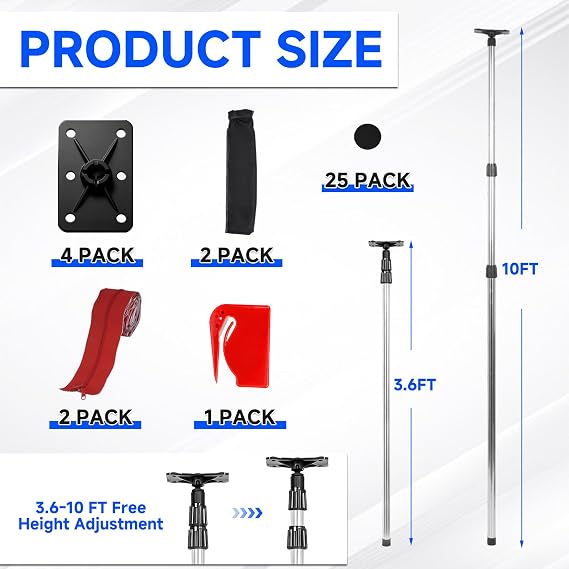 10FT Dust Barrier Poles Kit, 4 Pack, Extendable, 2 Zippers & Carry Bag