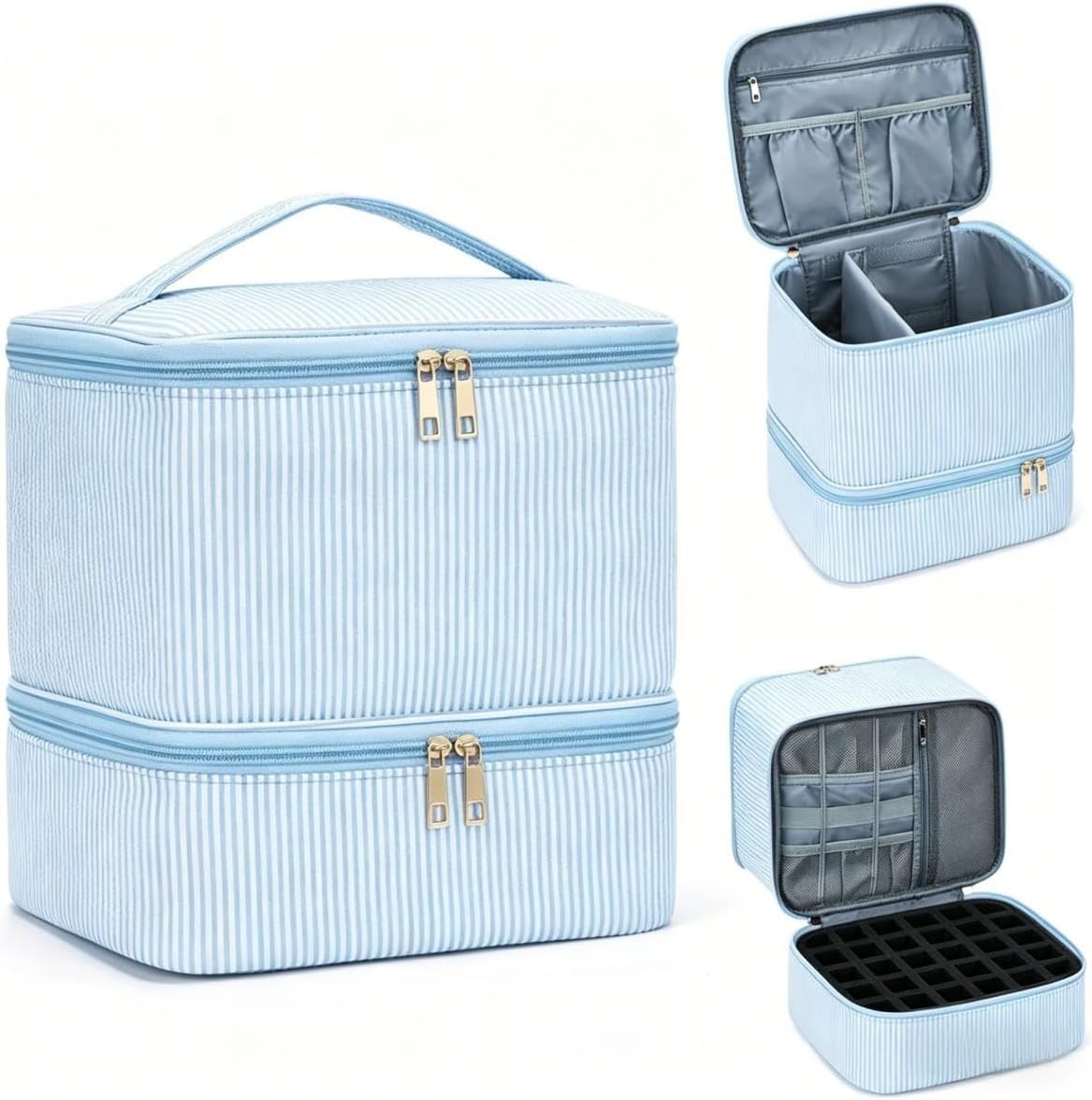 Nail Polish Organizer Bag Nail Supplies Organizer Holds 30 Bottles Nail 2 Layers Detachable Nail Kit Storage Case (Blue Stripes)