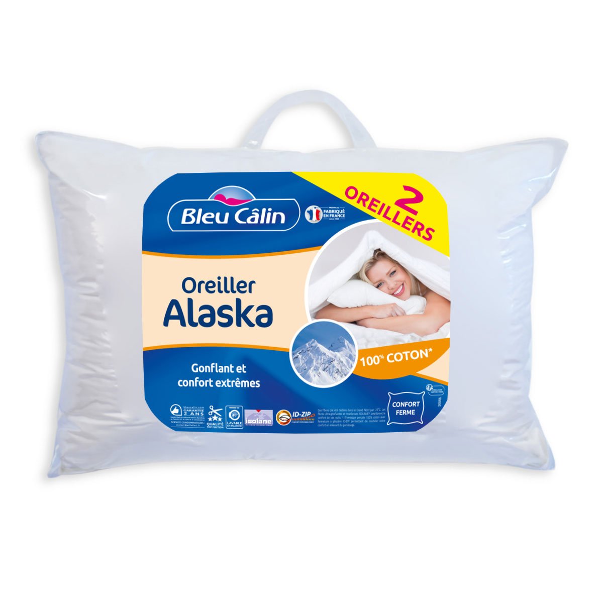 Lot De 2 Oreillers Confort Ferme 'Alaska' Bleu Câlin - 50x70 Cm, Enveloppe 100% Coton Percale, Gonflant Exceptionnel