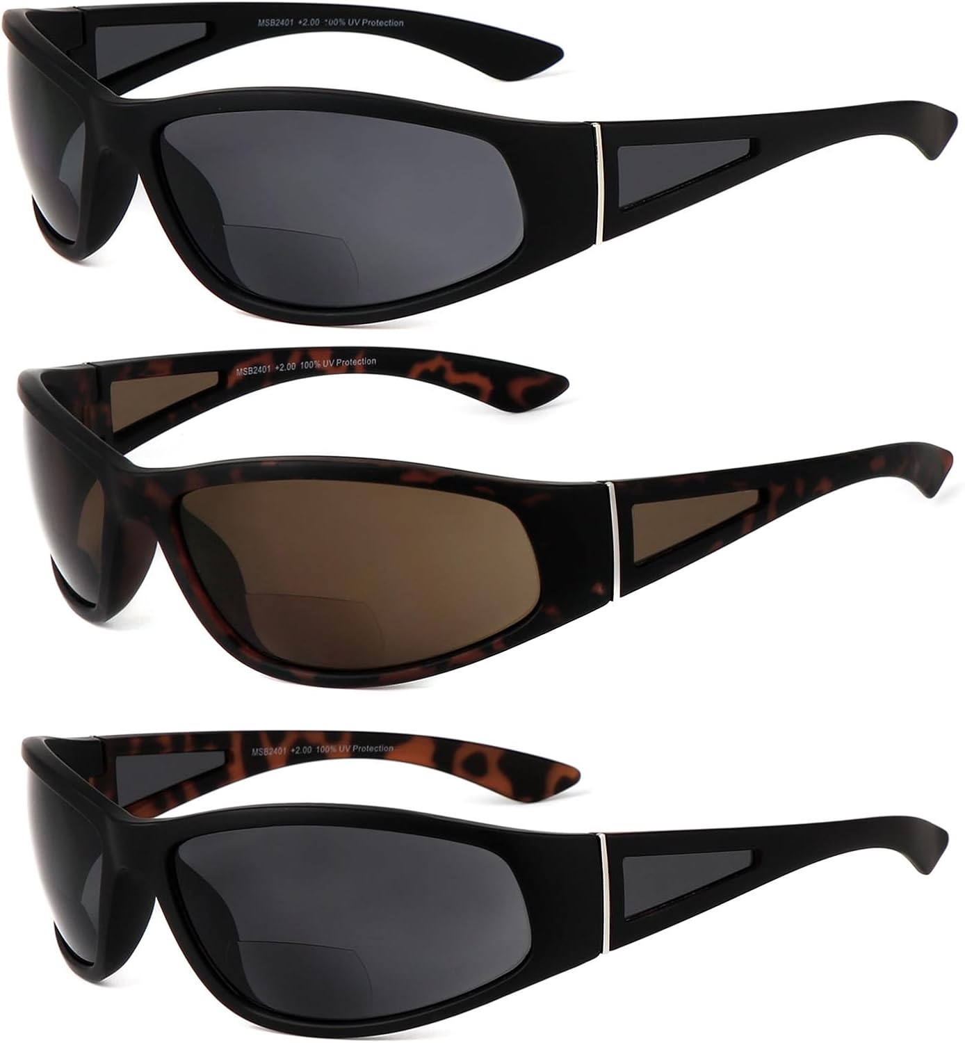 3 Pairs Bifocal Sunglasses for Men and Women with Side Protection Lenses, Wrap Around Tinted Readers