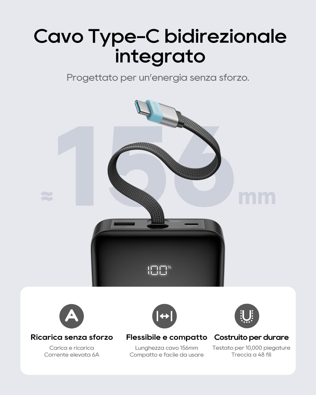 CUKTECH Power Bank 25000mAh Caricatore Portatile 100W Max con Cavo USB-C Integrato, Batteria Esterna a Ricarica Rapida per MacBook Pro/Air, iPhone 17/16/15 Series, Samsung, Pixel