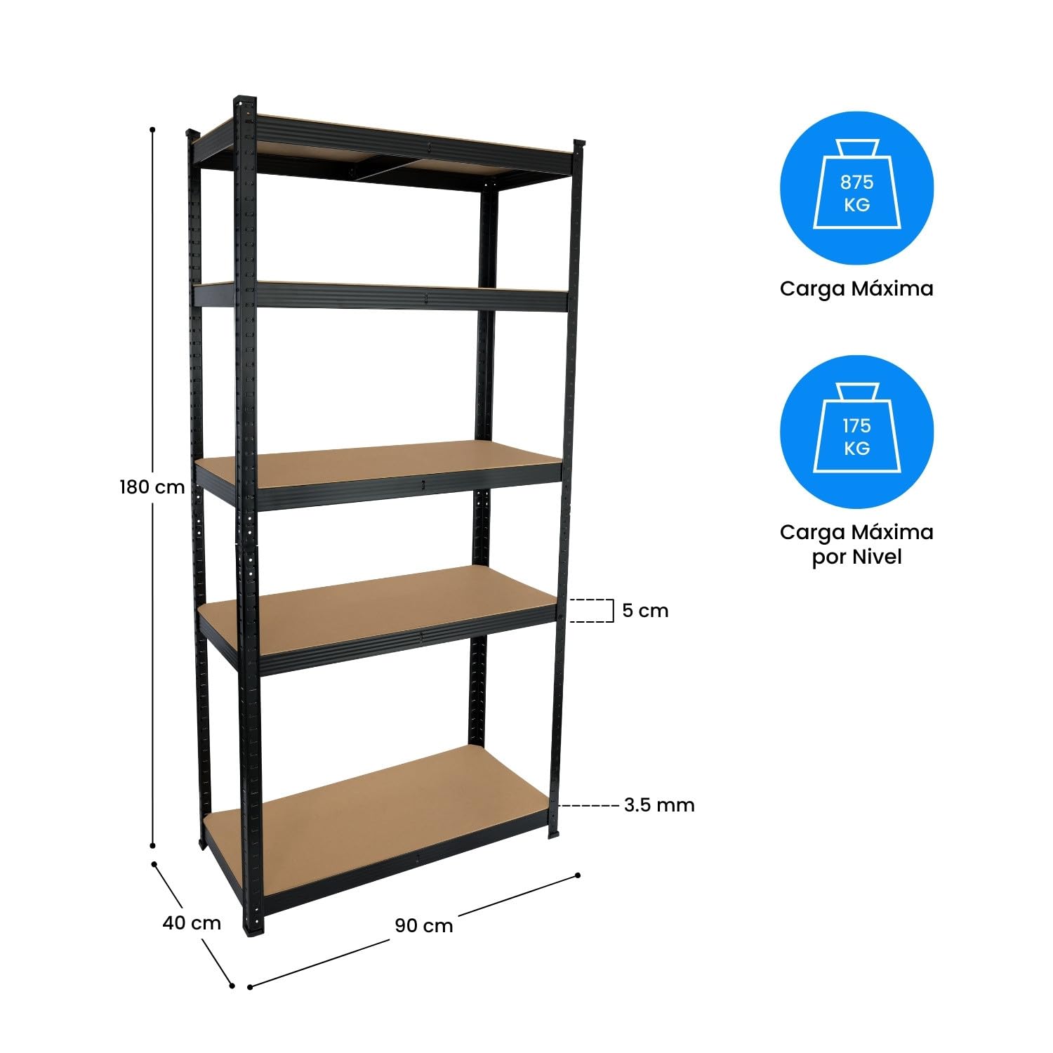 7H Seven House - Estantería Modular Almacenaje (Pack 2), Acero y MDF Antihumedad, Hogar, Trastero, Garaje, 5 Baldas Ajustables, Carga Máx. 875Kg, 90x40x180cm (Largo x Ancho x Alto), Color Negro