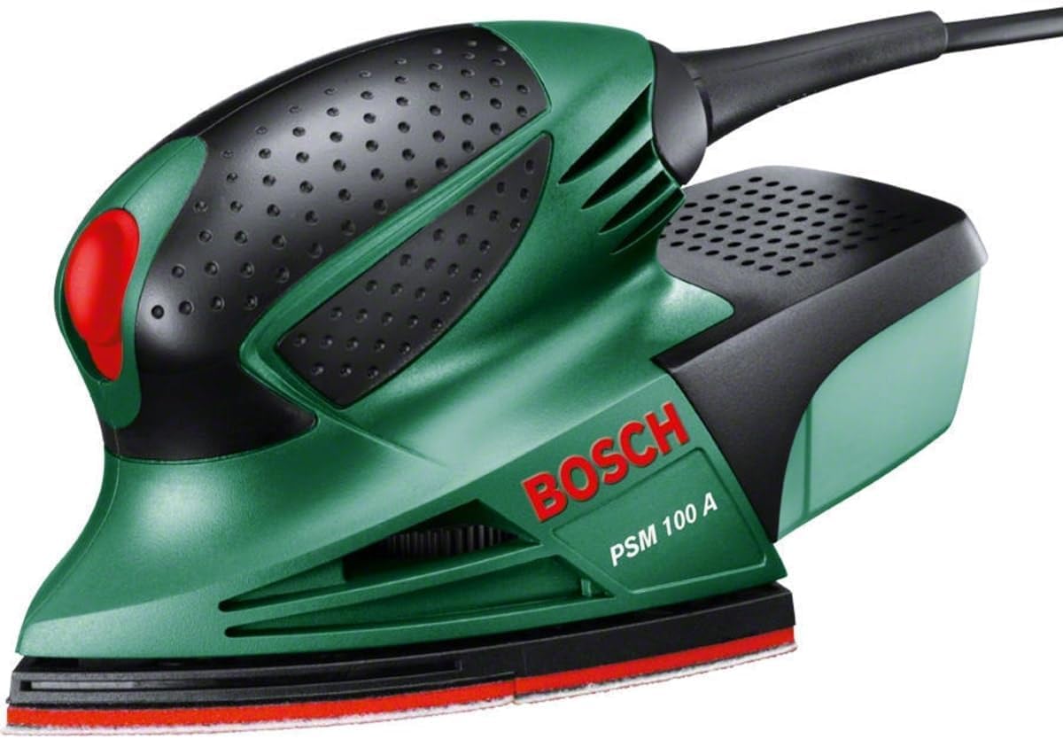 Bosch PSM 100 A szlifierka wielofunkcyjna & Bosch tarcza szlifierska (10 sztuk, do farby, lakieru, drewna twardego/miękkiego, płyt wiórowych, metalu, rdzy, akcesoria do szlifierek wielofunkcyjnych)