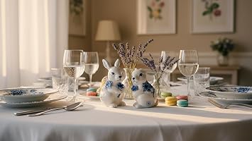 Fine Ceramic Hand Painted Classic Dutch Blue and White Bunny Rabbit Holding Blue Flowers Salt & Pepper Shakers Set, 3-3/8 H