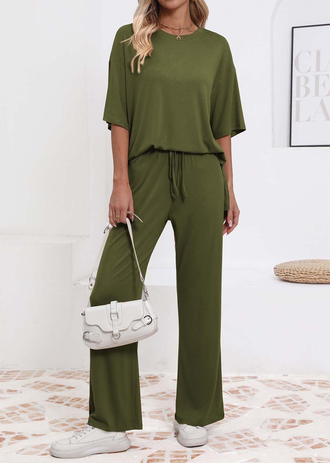 Womens Lounge Set 2026 Summer 2 Piece Outfits Oversized Short Sleeve Tops & Wide Leg Pant Matching Sets Clothing - Image 6