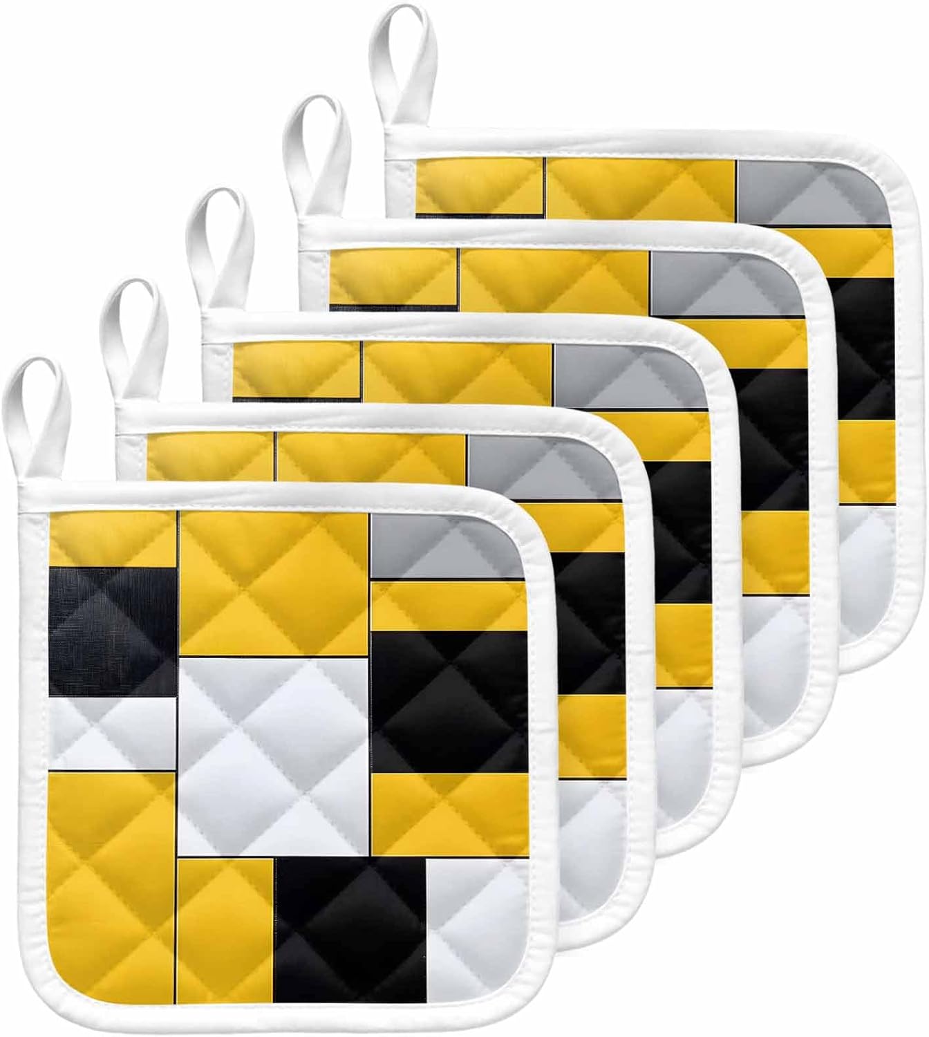 Pot Holder Set of 5 White Black Yellow Patchwork Potholder Heat Proof Non Slip Pot Holders, Abstract Geometric Hot Pads Potholders for Kitchen Cooking Baking BBQ