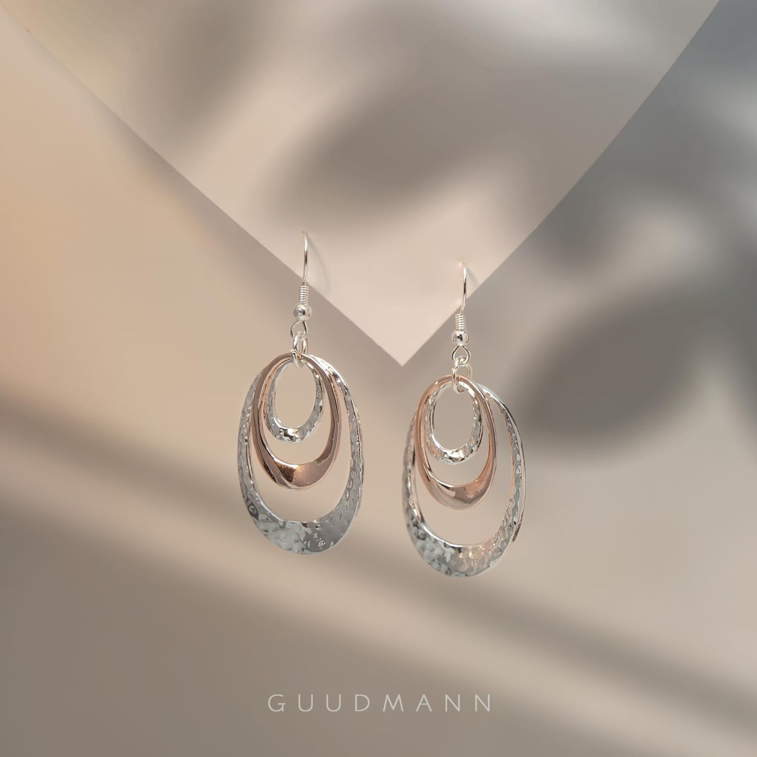 Triple Silver and Rose Gold Dangle Earrings for Women - Hammered Oval Circle Drop Earrings, Large Hypoallergenic Trendy Jewelry - Image 5