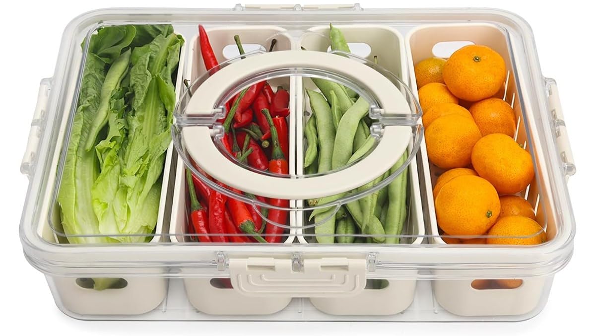 Les-Theresa Fridge Food Storage Containers Boxes With Handles Fruit Containers For Fridge, Divided Serving Tray With Lid Salad Fresh Container Fridge For Fruit, Vegetable (4)