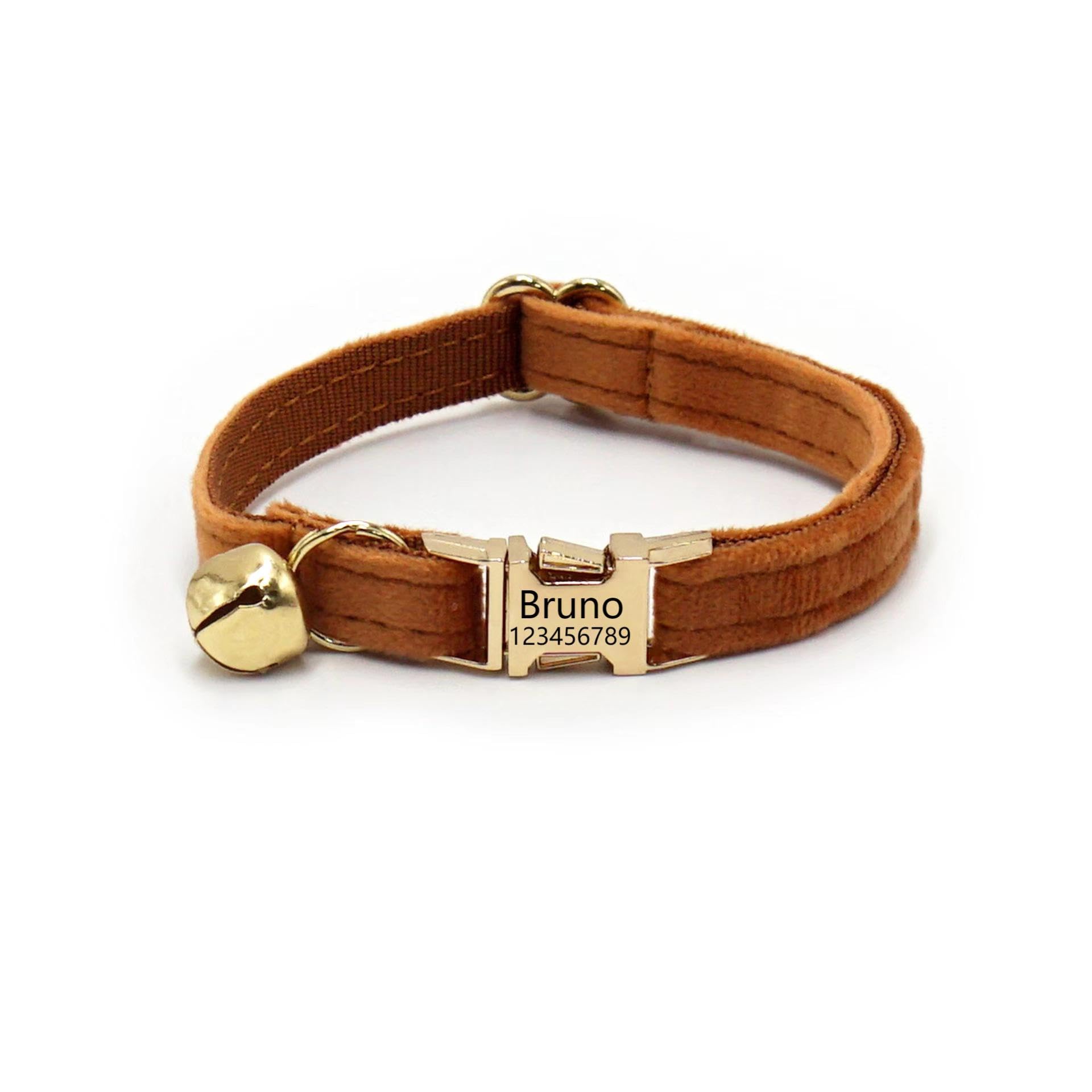 Customized Soft Artificial Velvet Cat Collar, Personalized Cat Tag, Laser Engraved Metal Button Cat Collar, Neck Circumference 0.6-1.2 inches (Coffee)