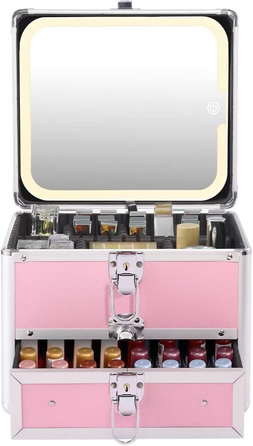 Leeora&Leekoo Makeup box with Drawer and lighted mirror travel train Case, cosmetic organizer with Adjustable Dividers and Magnetic led mirror (Pink)