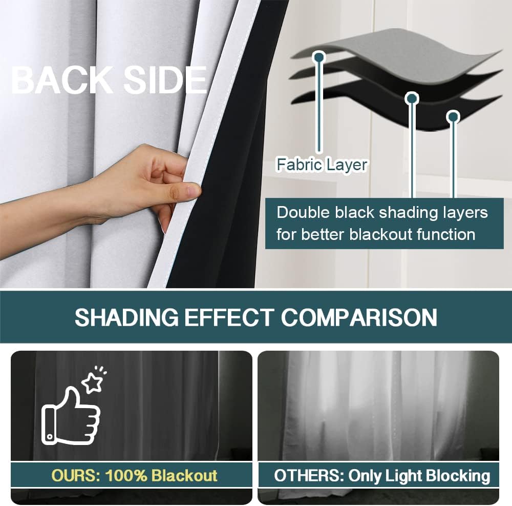 FantasDecor 100% Blackout Curtains 2 Panels Set 52x84 Thermal Insulated Noise Reducing Sleep Enhancing Bedroom Drapes with Rod Pocket Machine Washable Greyish White