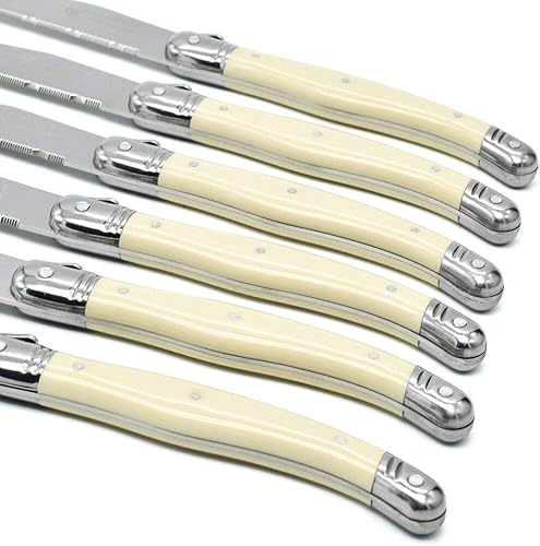 Miniatura 5 de KeepingcooX Laguiole - Cuchillo para carne con mango de marfil, hoja dentada, vajilla de acero inoxidable, cubiertos, juego de 6, caja de regalo,