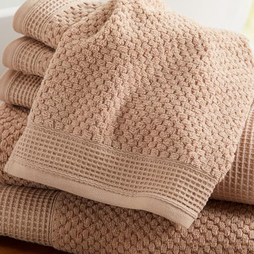 Belle Collection 100% Cotton Waffle Textured 6 Piece Towel Set | Super Soft Quick Dry Bath & Hand Towels, Washcloths | Beige - Thumbnail 4