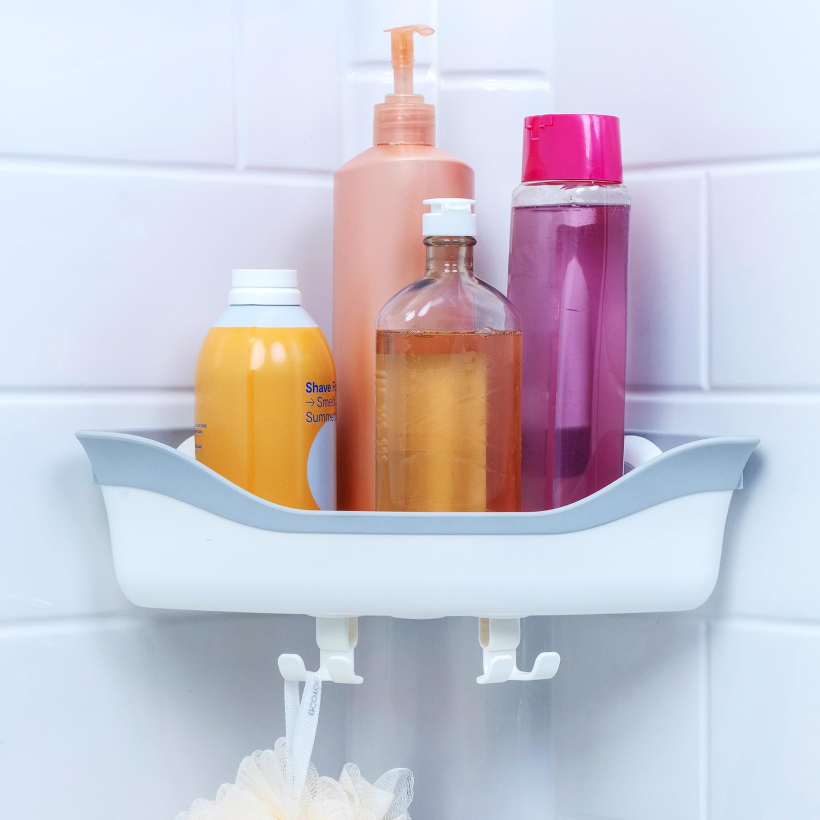 Corner Shower Basket Caddy, Sturdy Storage Organizer, Adjustable Power Lock Suction Cups, 2 Hooks, Holds up to 22 Pounds, Tool Free, Drill Free, Removeable (White)