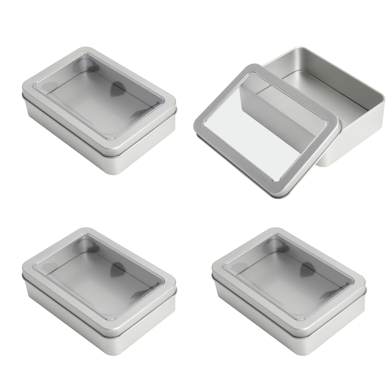 4 metalowe puszki z pokrywką, 12,5 x 9 x 3,5 cm, blaszane, małe z przezroczystym okienkiem, małe metalowe pudełko z 8 etykietami, metalowe pudełko, srebrne blaszane puszki do podróży, na zewnątrz, do