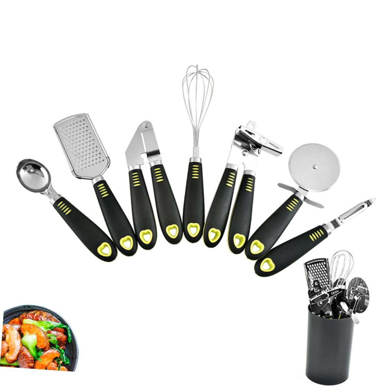 ABOOFAN 7 Stück Edelstahl Küchenwerkzeug-Set Mit Reibe Pizzaschneider Dosenöffner Schneebesen Sparschäler Knoblauchpresse Und Ergonomischen Griffen Für Einfache Reinigung