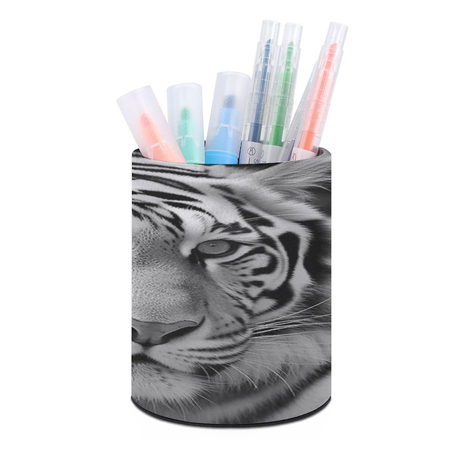 FekiLoot PU Leather Round Pen Holder Black White Tiger Pencil Holder Desk Organizer Pen Organizer Pen Cup Pencil Cup Caddy Desktop Stationery Organizers for Office Home Supplies