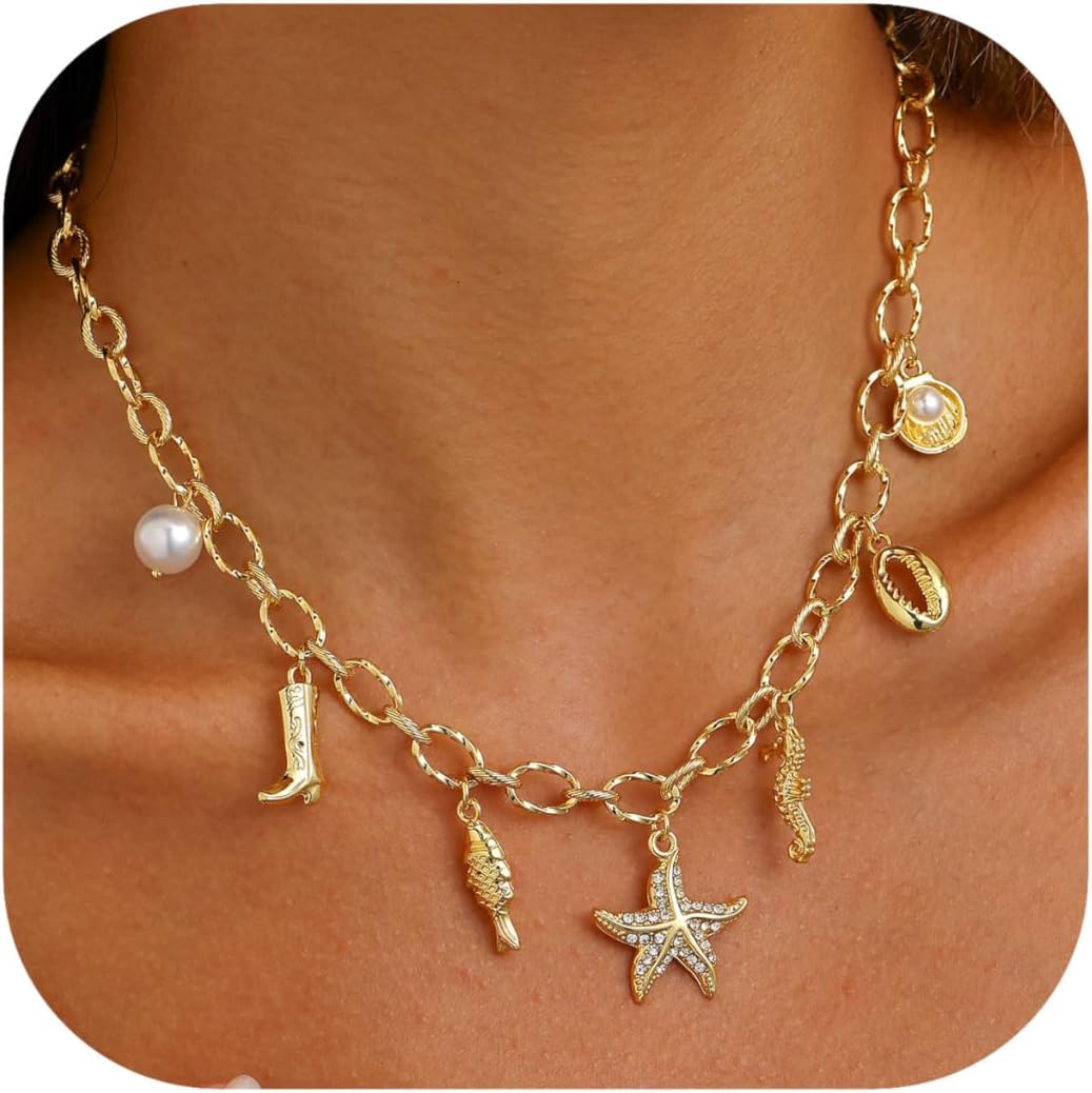 Chunky Charm Cross Pearl Necklace For Women Seashell Shell Starfish Beach Bow 14K Gold Plated Pendant Summer Jewelry
