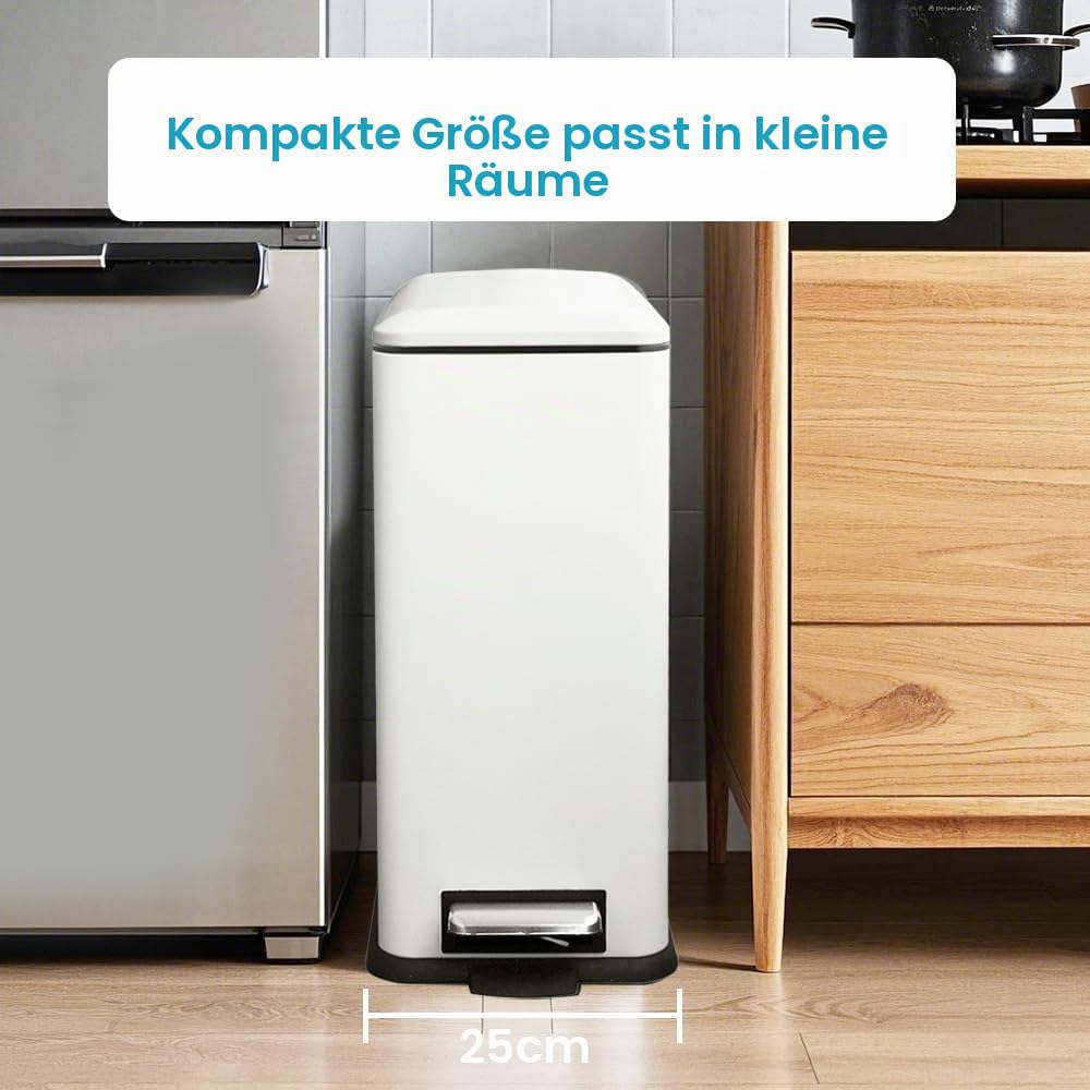 Mülleimer Küche, Rechteckig Tretmülleimer mit Deckel, Weiß | 30 Liter Abfalleimer, Küchenmülleimer, mit Softclose-Deckel, Inneneimer, Geruchsdicht, Schmal Treteimer für Küche, Bad, Büro