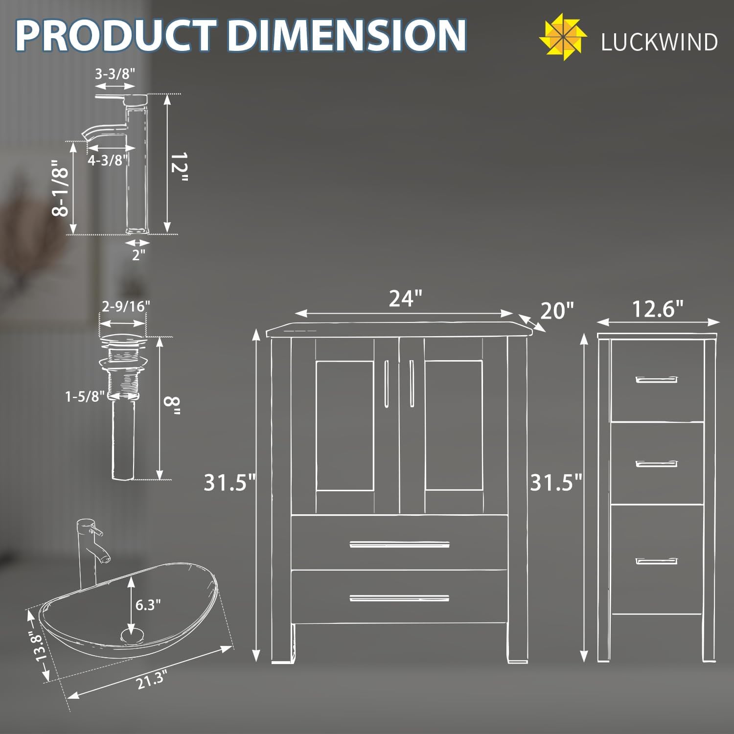 LUCKWIND 48" Bathroom Vanity Sink Combo, 24-inch Main Cabniet with Double 12.6-inch Side Cabinets, Painted Bathroom Storage Cabinet, Including Blue Boat Sink and Faucet Without Mirror, White