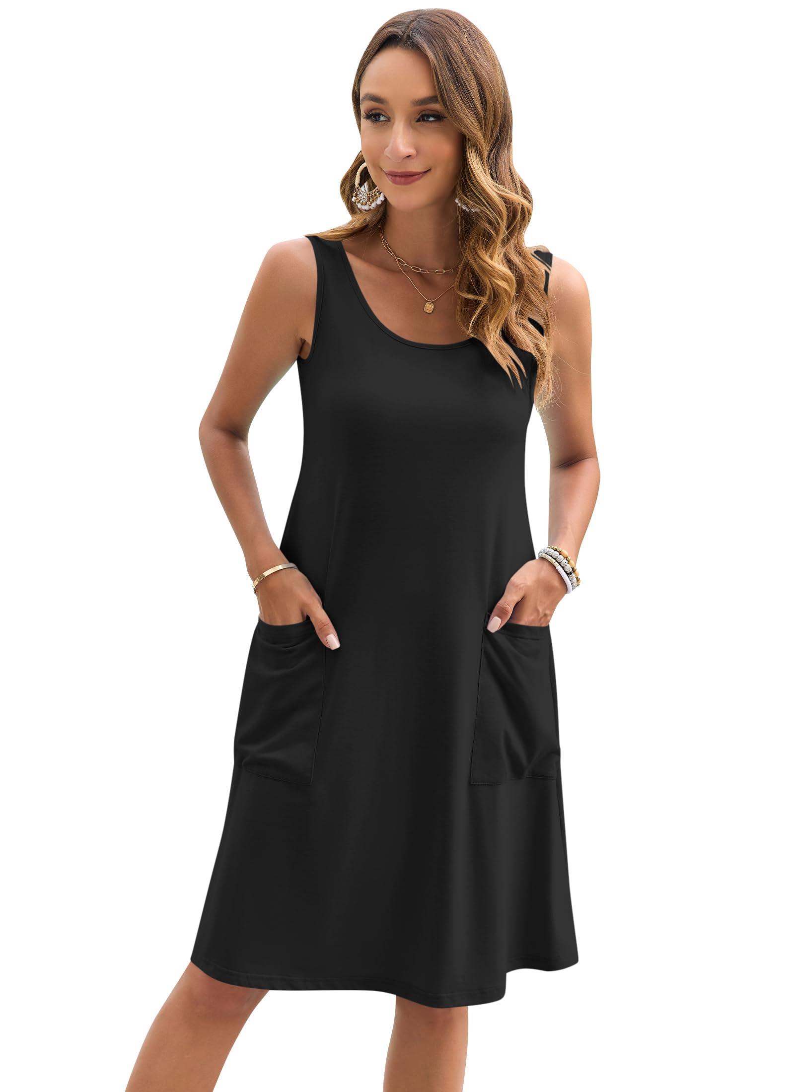 AUSELILY Vestito Estivo da Donna Senza Maniche, Midi Casual da Spiaggia Leggero con Tasche