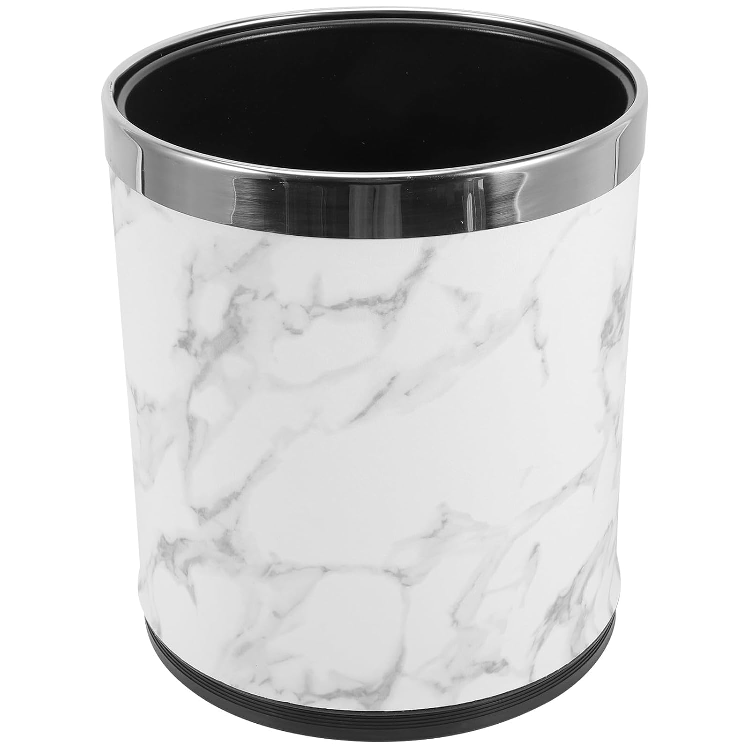 Lidless Household Trash Can with Metallic Rim, White Marble Pattern Square Wastebasket for Bathroom and Bedroom Storage, Large Capacity Garbage Bin for Home Organization