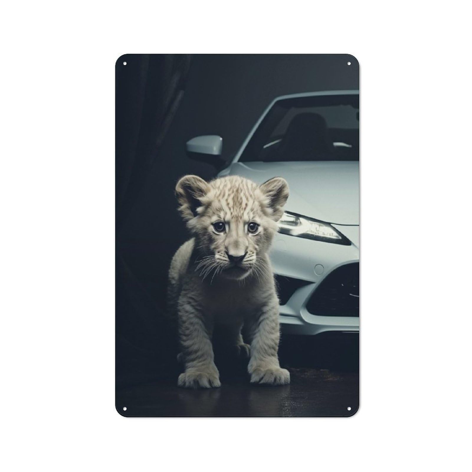 Junmoney Lion Cub And White Car Retro Metal Sign 30X20cm Featuring For Bar Or Restaurant, For Bar Decor Enthusiasts