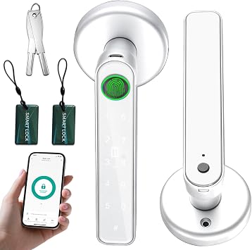 5 in 1 Smart Fingerprint Door Lock, Advanced Automatic Digital Handle with APP/Fingerprint/IC Card/Code/Keys, High-Security Electronic Locks for Modern Home/Office, Sleek Chrome