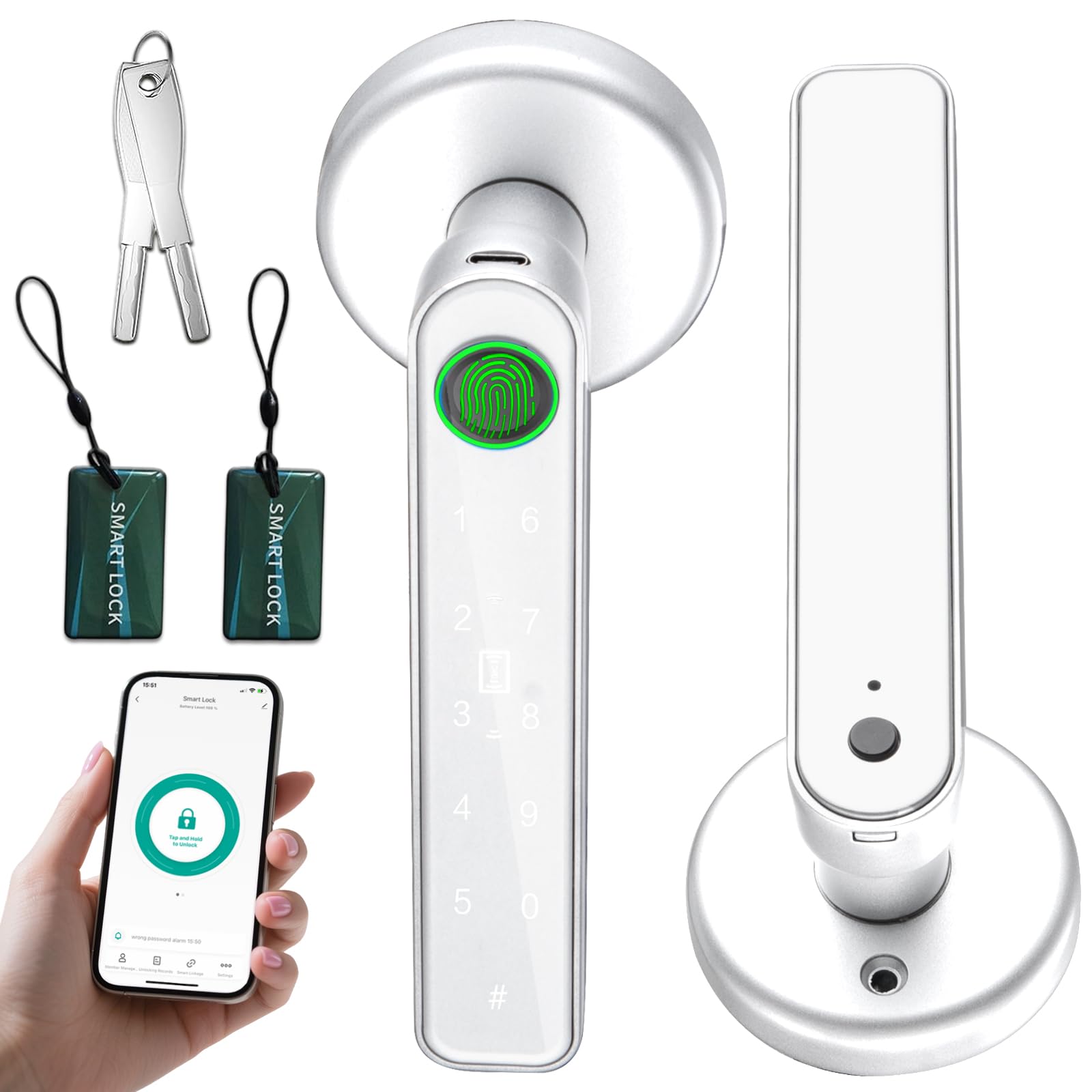 5 in 1 Smart Fingerprint Door Lock, Advanced Automatic Digital Handle with APP/Fingerprint/IC Card/Code/Keys