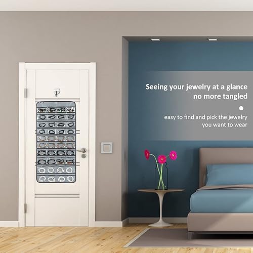 Miniatura 3 de Organizador de joyas colgante de 80 bolsillos para sostener joyas, soporte de exhibición de accesorios de doble cara para aretes, pulseras, anillos