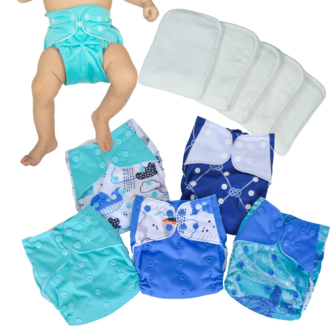 5 Pocket Cloth Diapers & 5 Microfiber Inserts by LUA Earth & Baby Care |One Size Reusable & Washable