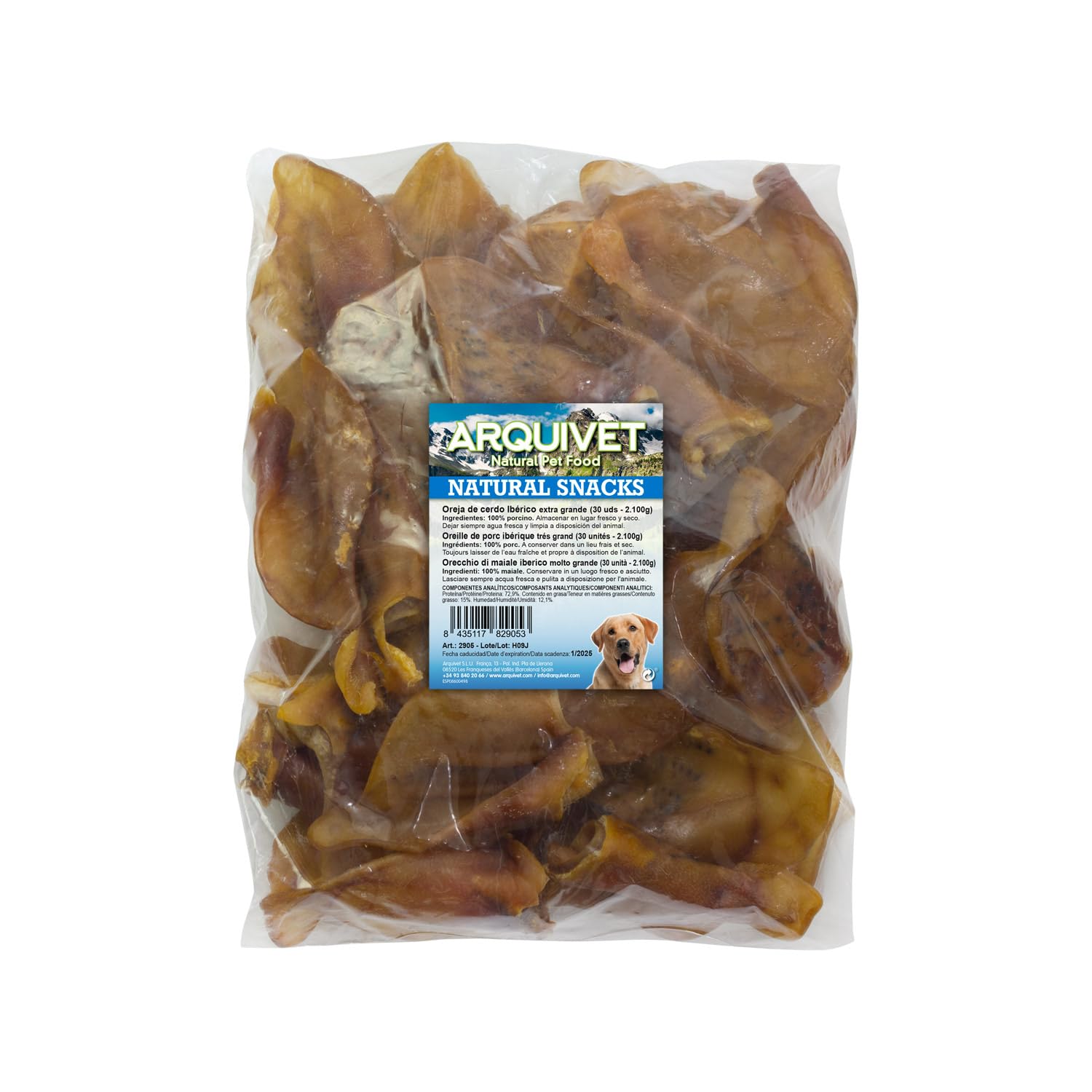 ARQUIVET - Oreja de Cerdo ibérico Extra Grande - (Bolsa 30 Unidades) - Natural Snacks para Perros