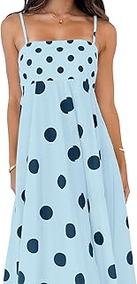 Women's Elegant Polka Dot Maxi Dress Back Smocked Spaghetti Strap Ruffle Swing Long Dress with Pockets