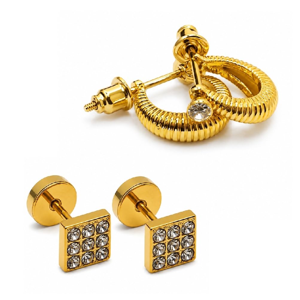 adhvik Combo of Men Golden Square & Golden Shell with Stone Pairs Ear Earrings Designer Hoop Stud Combo Daily Styling-picture-25