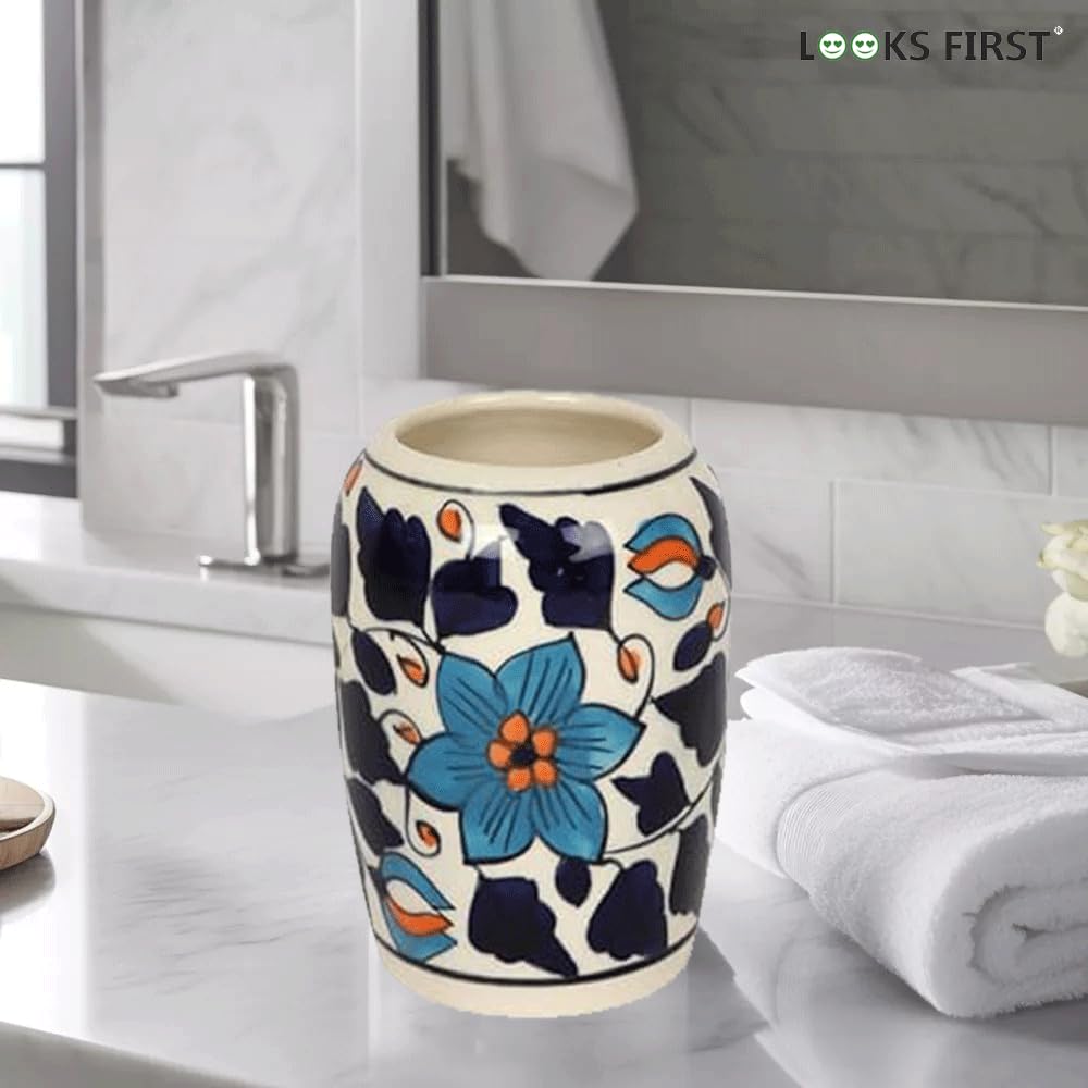 LOOKS FIRST Handmade Bathroom Accessories Ceramic Toothbrush Holder, Tooth Paste Holder Stand Home, Office, Doctors Cabin Decor, Hospital Décor, Music Institute, Kitchen Decor Blue with Flower Design - Image 6 thumbnail