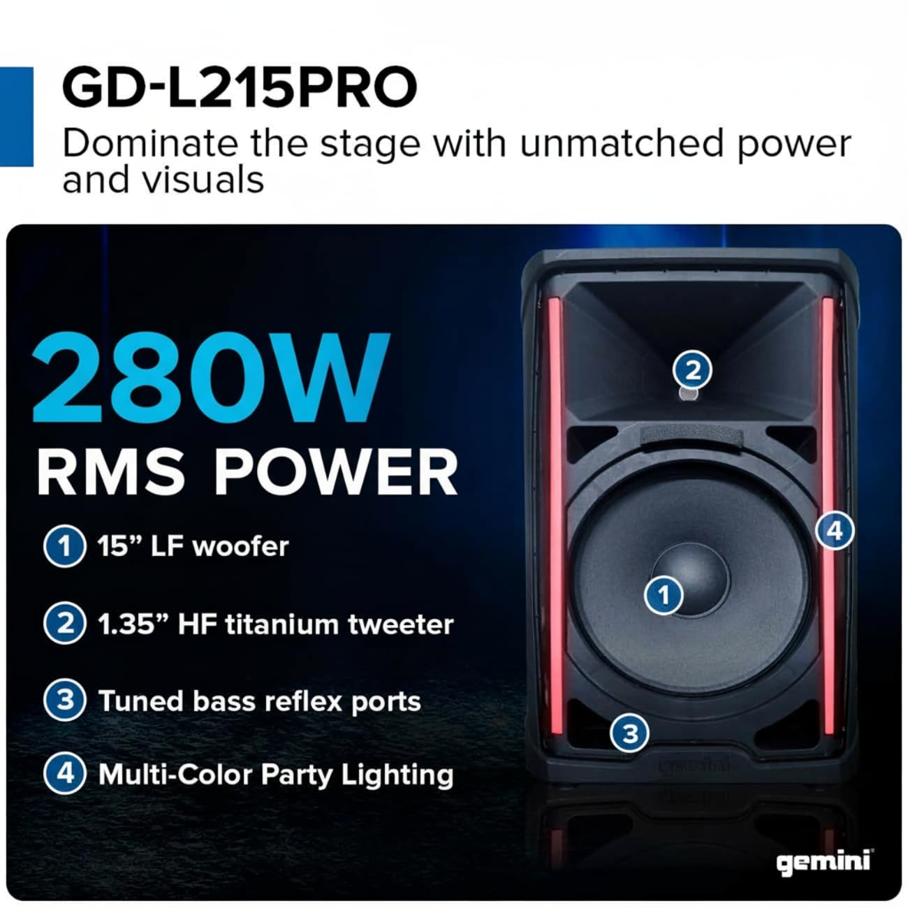 Gemini Sound GD-L215PRO - Głośnik PA Bluetooth 1300 W z lampkami imprezowymi LED i 3-kanałowym mikserem - wysokowydajny głośnik niskotonowy 15-calowy dla DJ-ów i imprez - przyjazna dla użytkownika