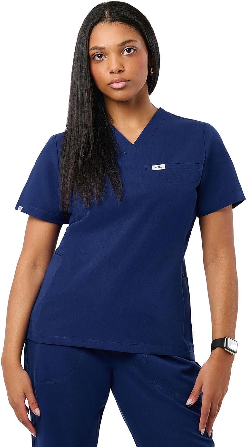 Peelz Natalie 4-Pocket V-Neck Scrub Tops for Women - Soft Stretch Fabric Scrubs, Womens Scrub Top, Slim Fit