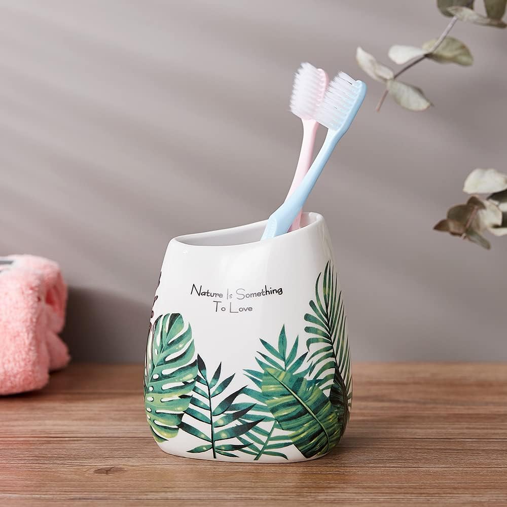 Irregular Shape Bathroom Accessories Set, 4 Piece Tropical Leaves Design Ceramic Bath Accessory Set with Soap Pump Dispenser, Toothbrush Holder, Tumbler & Soap Dish