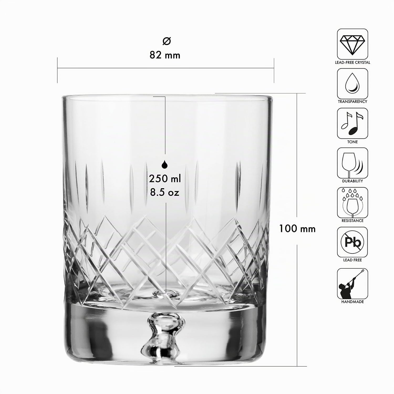 Krosno – Vasos para whisky, bourbon y escocés de 250 ml – Juego de 4 piezas – Colección Saga – Cristal tallado – Hechos a mano – Ideal como regalo