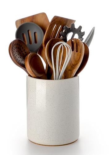 Nucookery Ceramic Kitchen Utensil Holder for Countertop Organizer 6.4' Sand | cooking utensil crock for kitchen counter,