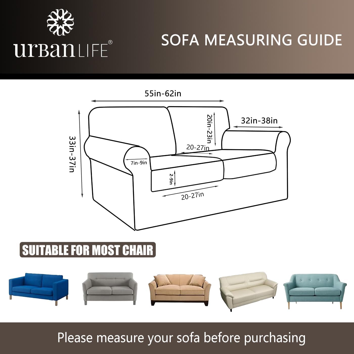 URBANLIFE Stretch Sofa Covers & Loveseat Couch Covers for 3 Cushion Sofa with 2 Cushion Sofa for Living Room Slipcover Set, Chocolate
