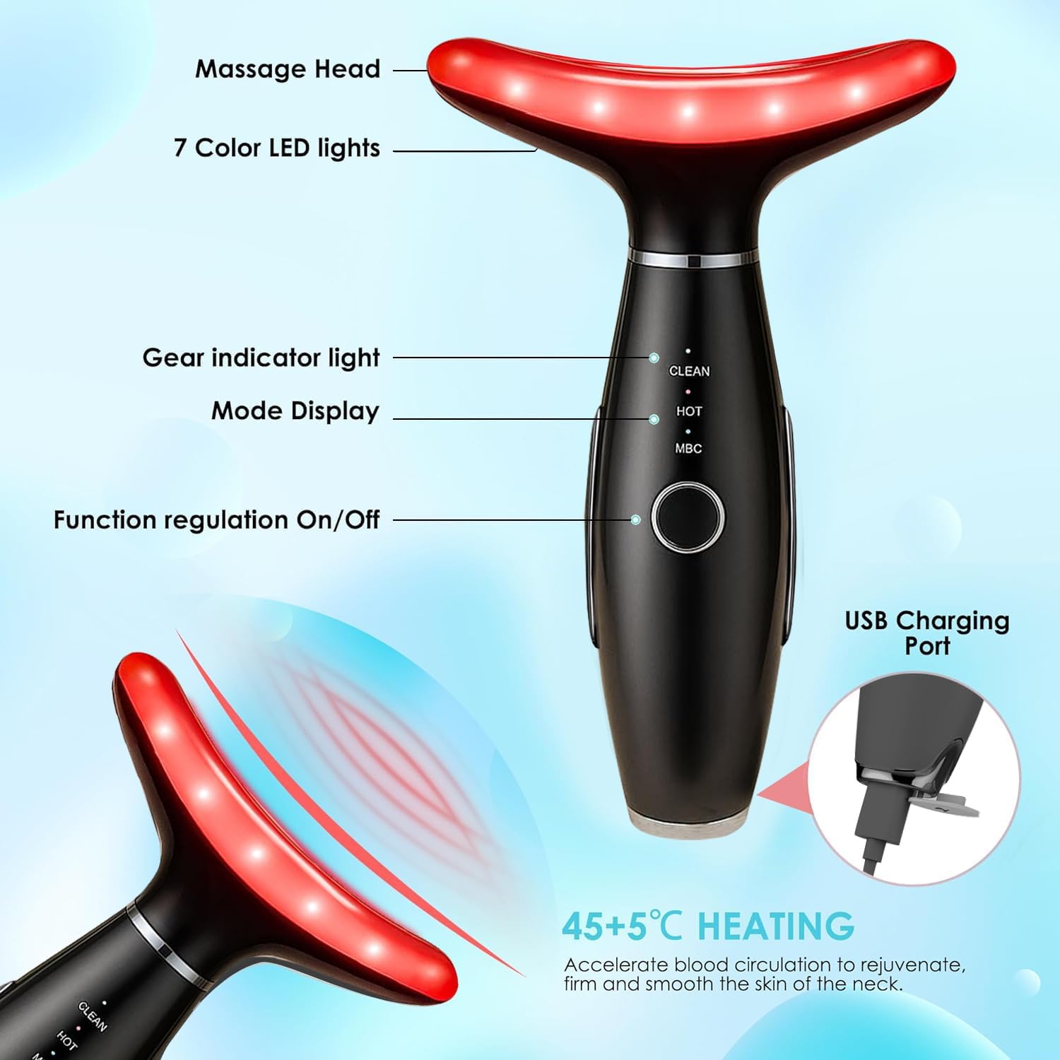 Face Massager -7 Color Red-Light-Therapy for Face and Neck for Wrinkles, Double Chin, Vibrating Facial Massager with Thermals (Black) - Image 2