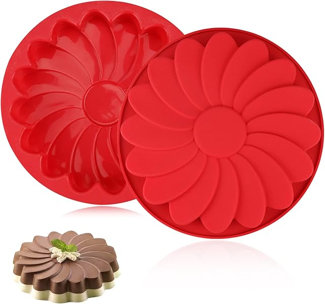 NCOALE Silicone Baking Cake Mould, 9 Inch Non-Stick Cake Pan Silicone Cake Tins, Nonstick & Quick Release Sunflower Baking Round Pan for Layer Cake Cheesecake Birthday Party DIY (Red)