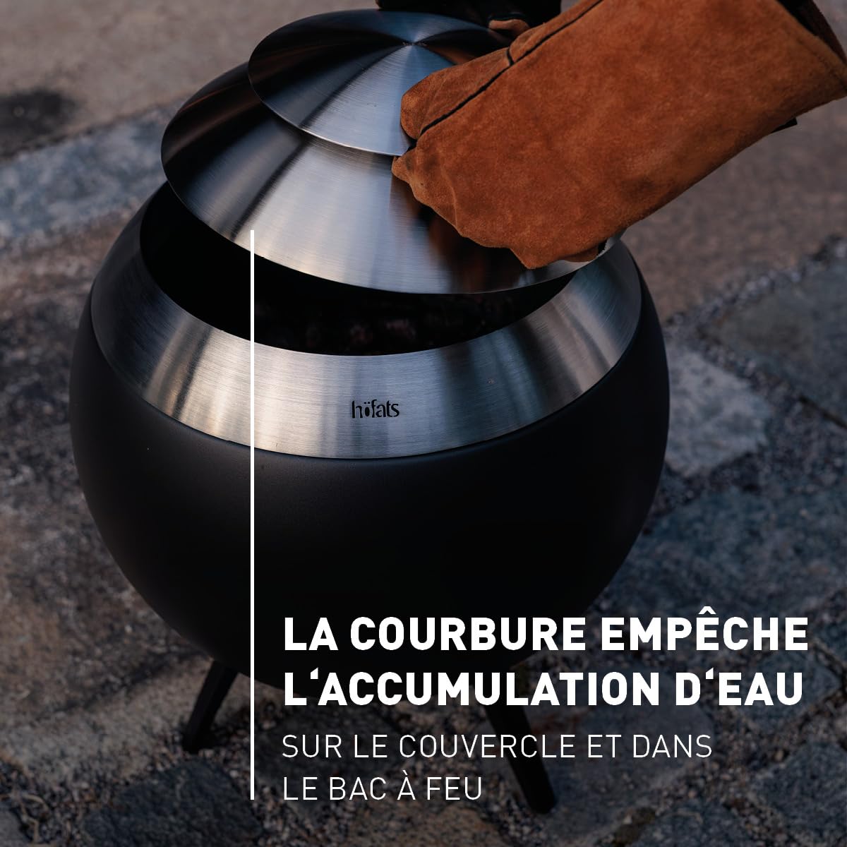 höfats Couvercle Moon 45 en acier inoxydable avec système de ventilation - Couvercle pour éviter les cendres et les étincelles - La courbure empêche l'accumulation d'eau - Résistant aux intempéries